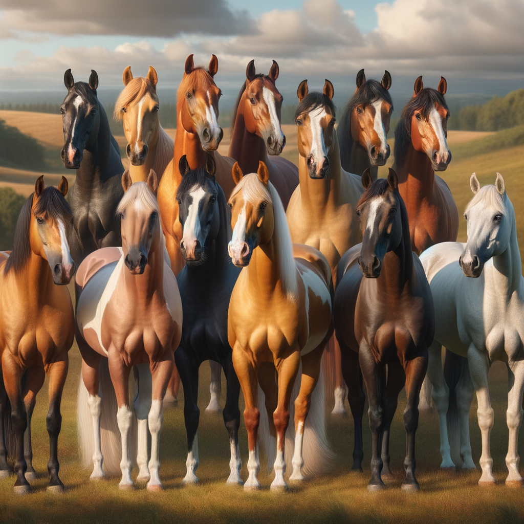A diverse group of Quarter Horses in a picturesque pasture, showcasing common and rare coat colors, highlighting genetic diversity and color patterns unique to the breed.