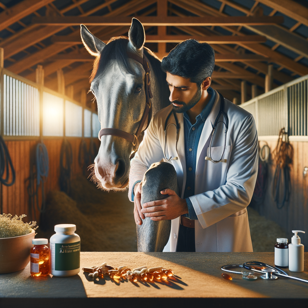 Professional veterinarian examines a Quarter Horse's leg in a stable, focusing on equine arthritis management, natural remedies, and supplements for joint health.