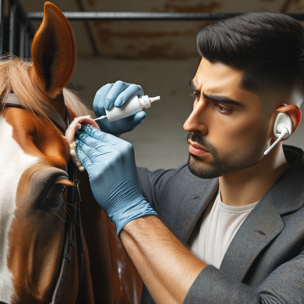 Quarter Horse ear cleaning techniques: A groomer uses specialized products to maintain ear hygiene, prevent infections, and treat ear mites in a Quarter Horse.