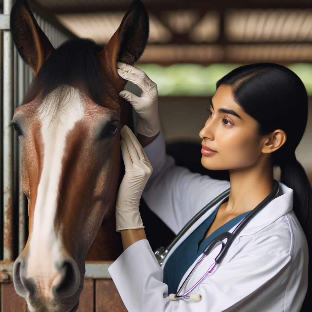 Professional veterinarian examines a Quarter Horse's ears in a stable, demonstrating essential ear care techniques to prevent infections and common ear issues.