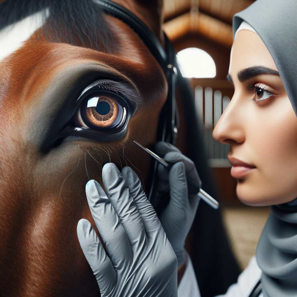 Close-up of a Quarter Horse's eye being examined by a vet, highlighting essential equine eye care practices in a stable setting.