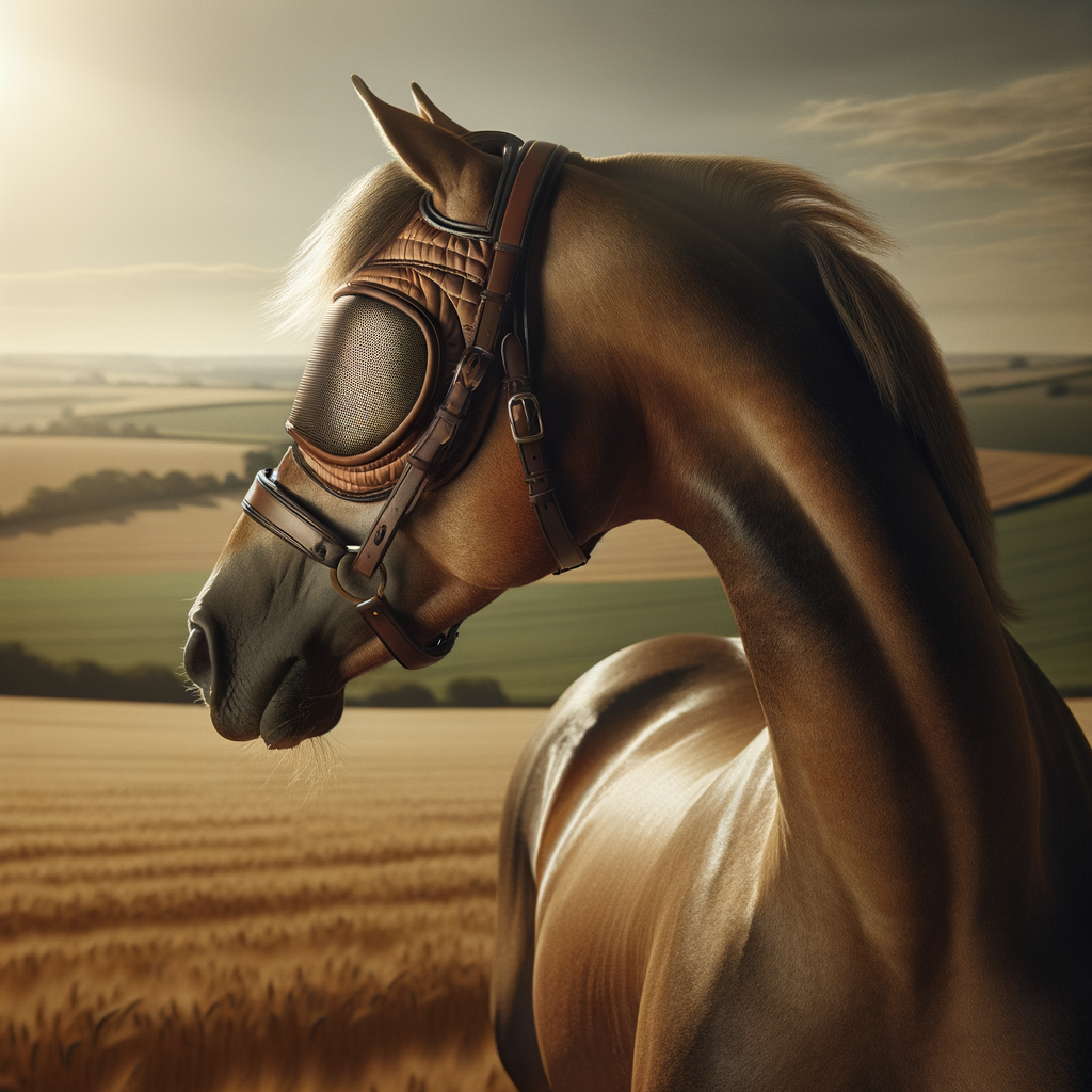 Quarter Horse wearing UV-protective eye shield in sunny pasture, highlighting essential horse eye safety gear and equine eye care.
