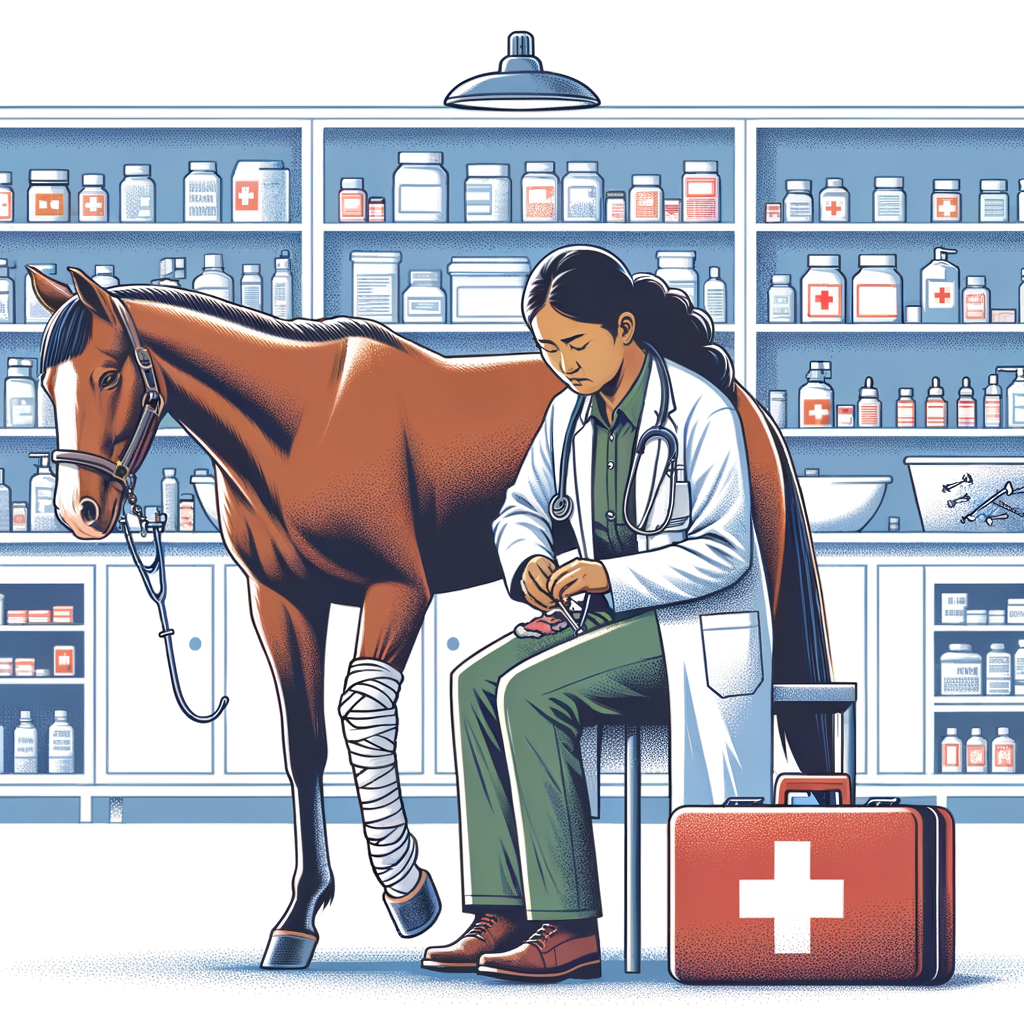 Professional veterinarian provides first aid to a Quarter Horse with a leg injury, highlighting Quarter Horse health care and emergency care procedures with essential medical supplies and a first aid kit.