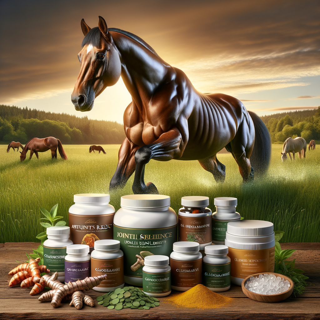 Healthy Quarter Horse grazing with joint supplement containers and natural ingredients like turmeric and glucosamine, highlighting effective equine joint care and arthritis relief for Quarter Horse joint health.