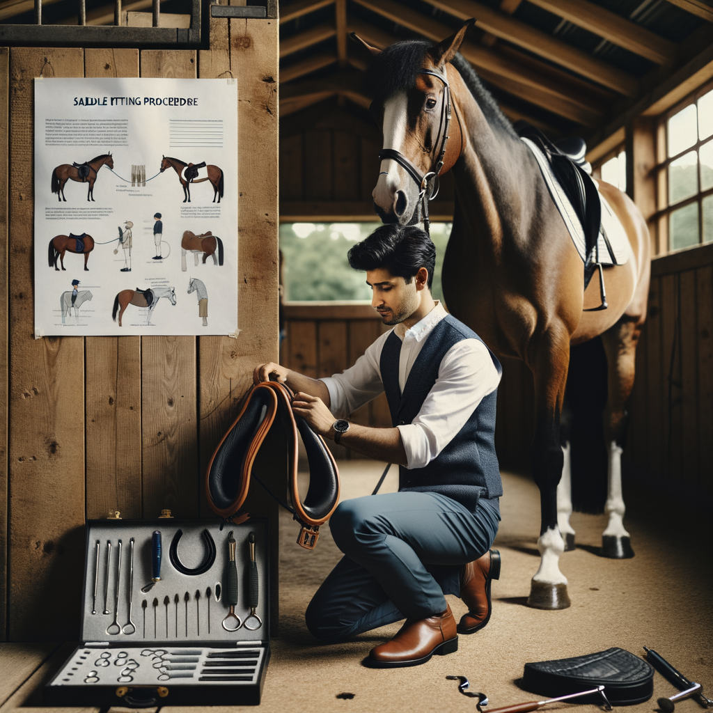 Professional equestrian adjusting a well-fitted saddle on a muscular Quarter Horse in a stable, showcasing best practices and tools for Quarter Horse saddle fitting.