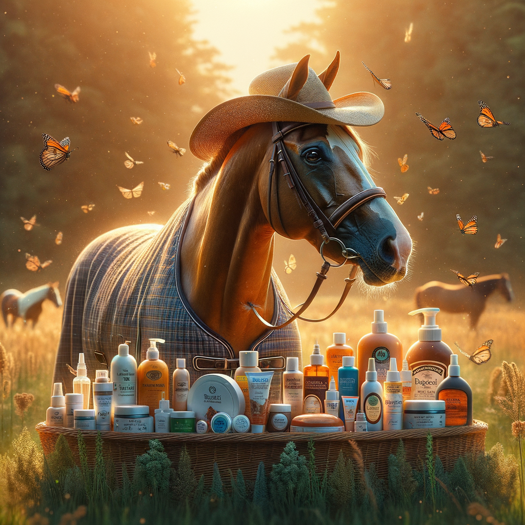 Quarter Horse in a sunlit pasture, wearing UV-protective gear and surrounded by skin care products, highlighting equine skin protection and grooming tips.