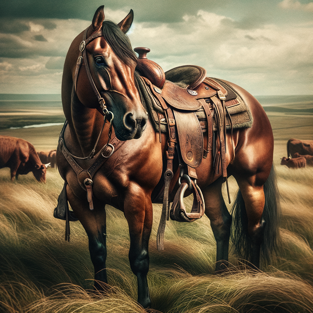 A muscular Quarter Horse in traditional ranching gear stands in a ranch setting, exemplifying ideal traits for ranch work.