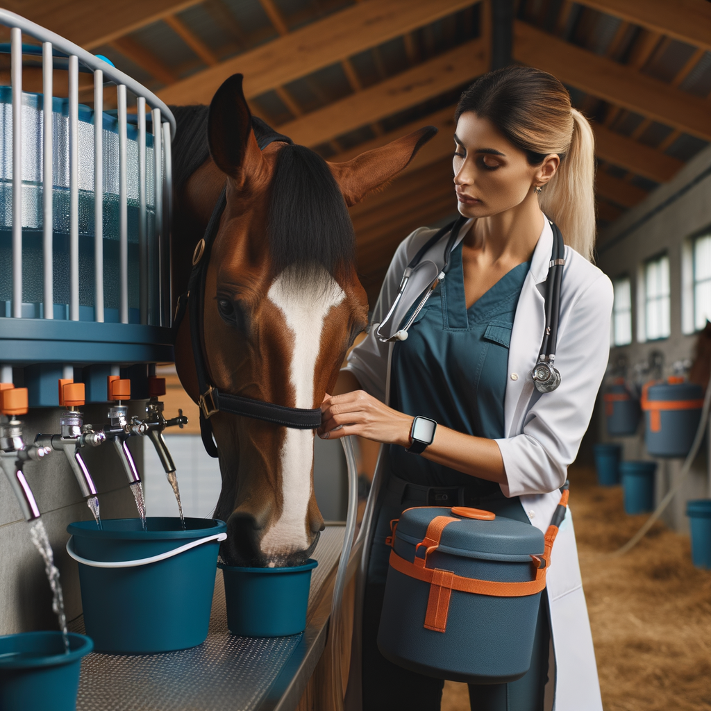 Professional veterinarian examines a Quarter Horse's hydration levels in a stable, highlighting the importance of optimal water intake for horse health and performance.