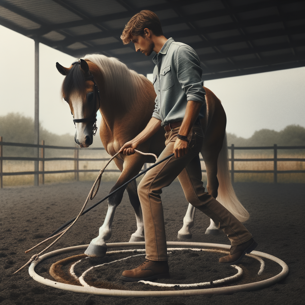 Professional horse trainer demonstrating advanced groundwork techniques with a young Quarter Horse gelding in a round pen, showcasing effective training methods and behavior training.