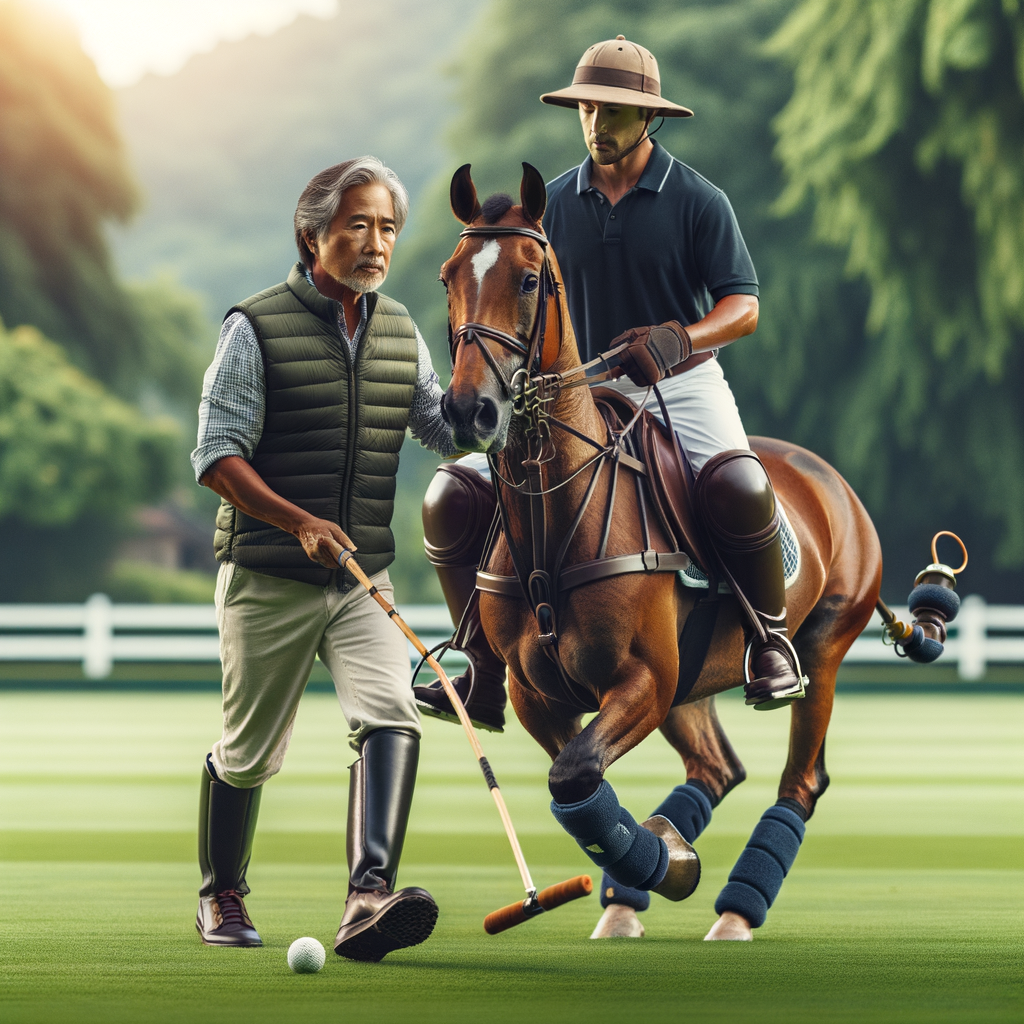 Professional trainer guides Quarter Horse through effective polo training methods and conditioning drills on a lush field, showcasing best practices for polo horse fitness and skill development.