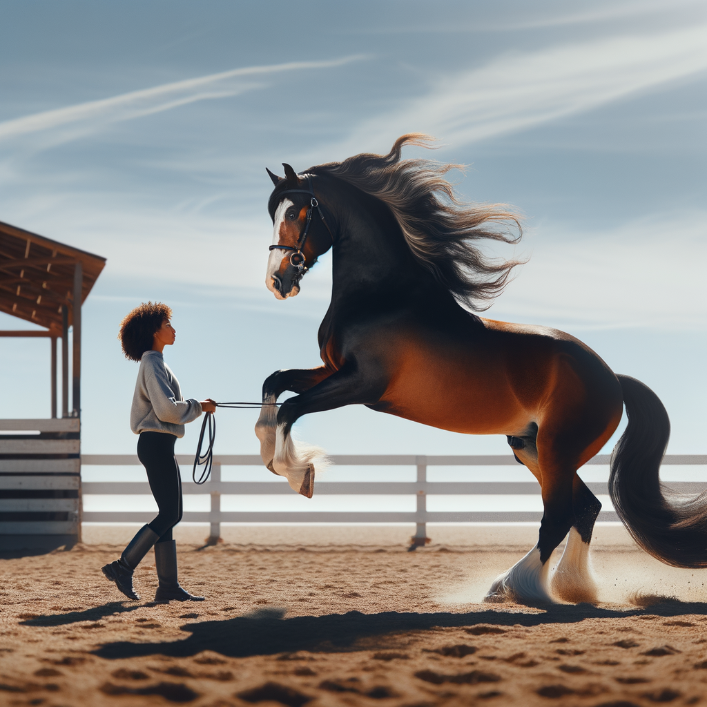 Quarter Horse performing a liberty routine in an open arena, demonstrating natural horsemanship skills and the bond with the trainer.