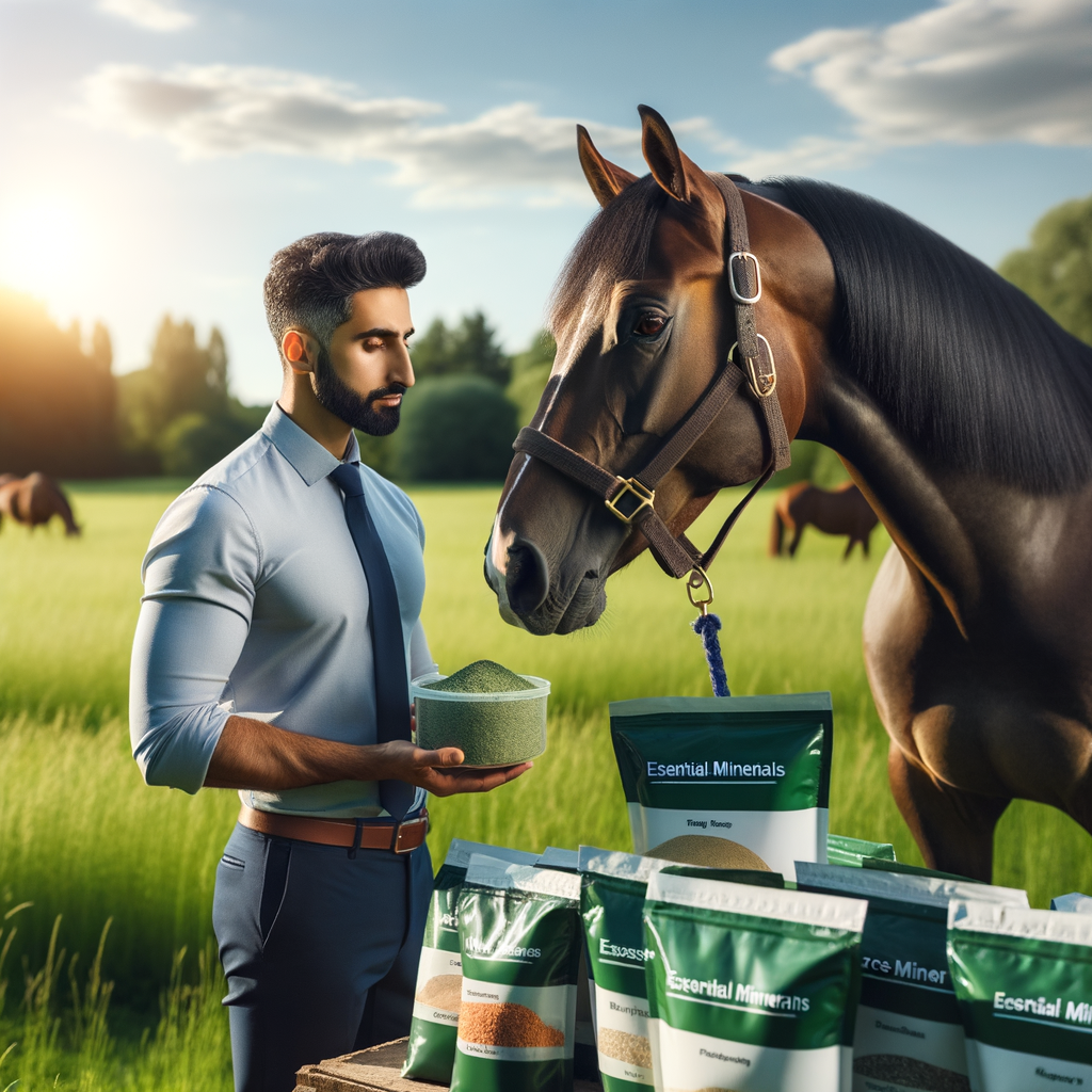 Professional equine nutritionist examines Quarter Horse in pasture, emphasizing essential minerals and balanced diet for optimal health and performance.